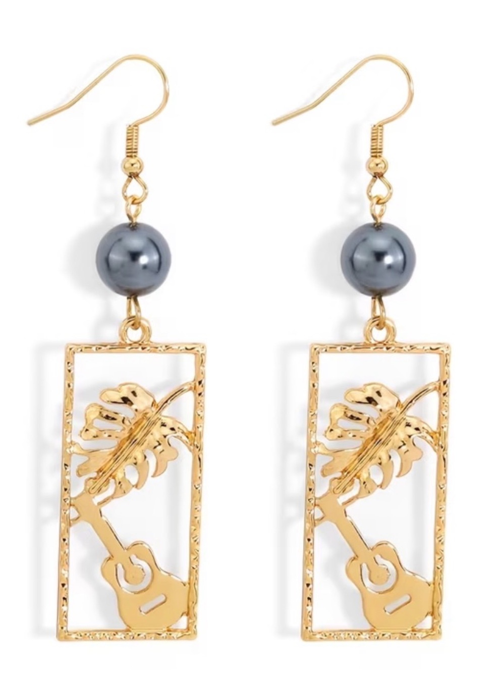 Gold-Tone Guitar & Monstera Drop Earrings with Gray Pearl